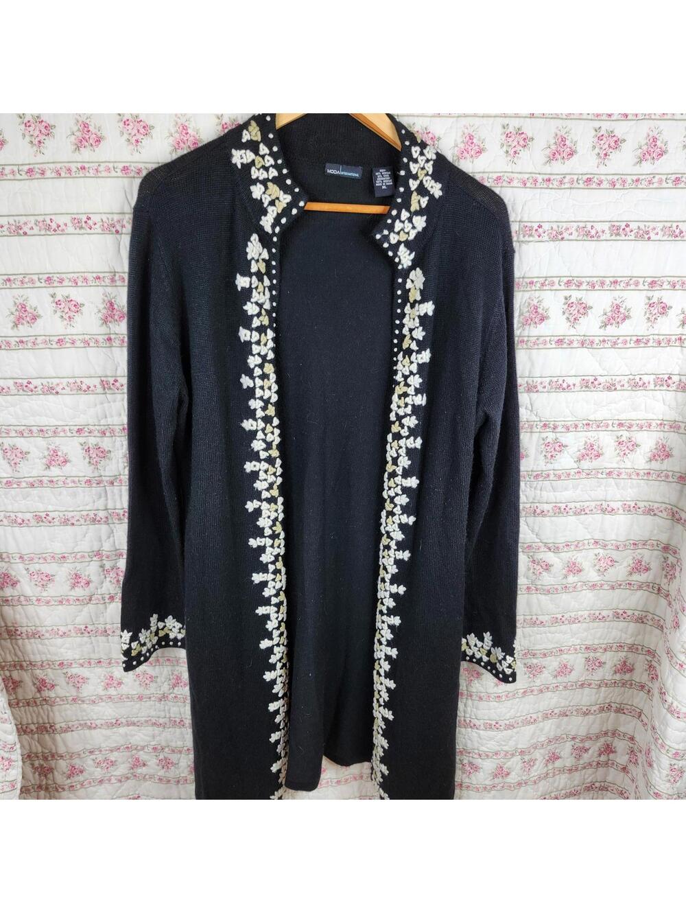 Moda International Wool Blend Longline Cardigan XL Floral Trim